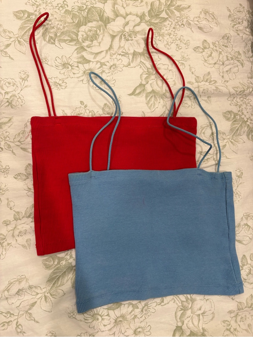 Zara Red and Light Blue Ribbed Spaghetti Strap Crop Tops